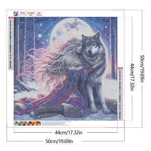 Wolf And Woman-Full Round Diamond Painting-50x50cm