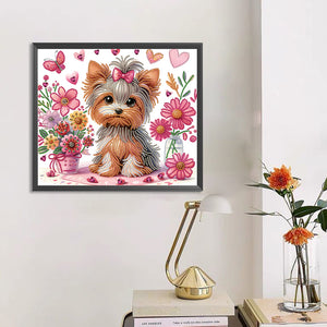 Flower Yorkshire Terrier-Partial Special Diamond Painting-35x30cm