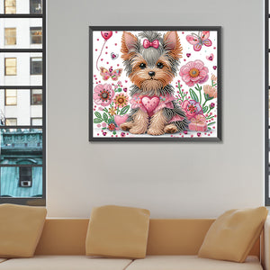 Flower Yorkshire Terrier-Partial Special Diamond Painting-35x30cm