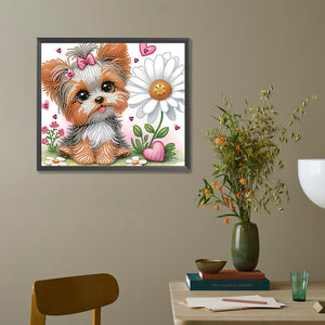 Flower Yorkshire Terrier-Partial Special Diamond Painting-35x30cm