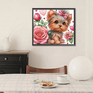 Flower Yorkshire Terrier-Partial Special Diamond Painting-35x30cm