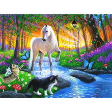 Load image into Gallery viewer, White horse and cats - Full Drill Diamond Painting
