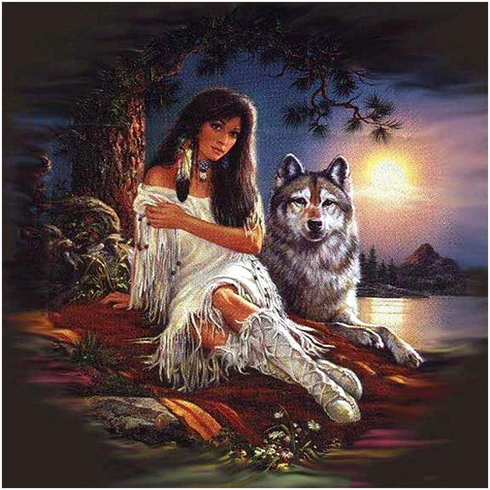 Indian and Wolf - Full Drill Diamond Painting