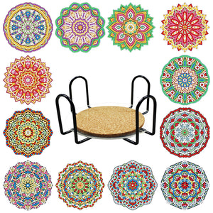 8pcs/set +1 storage rack-Mandala-Wooden Diamond Coaster