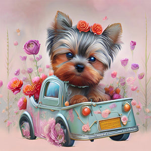 Flower Dog-Full Round Diamond Painting-30x30cm