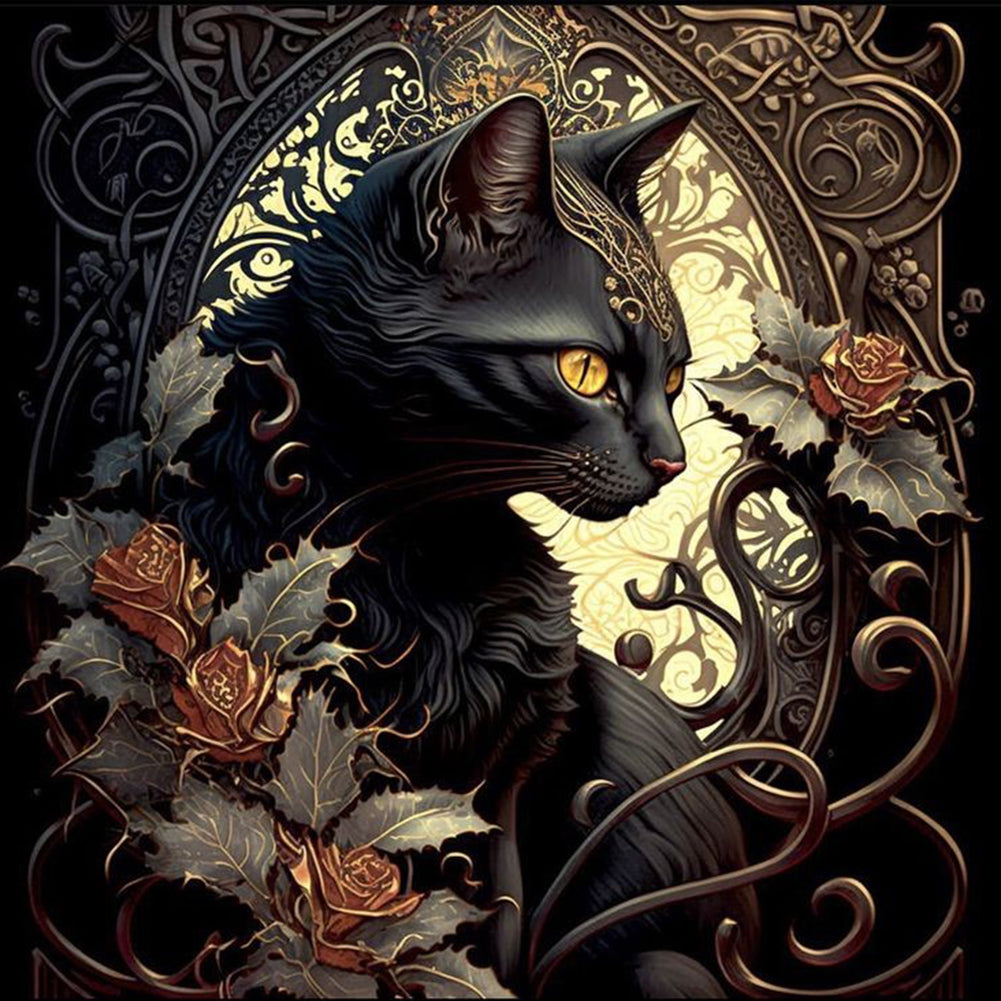 Flower Black Cat-Full Round Diamond Painting-30x30cm