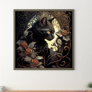 Flower Black Cat-Full Round Diamond Painting-30x30cm