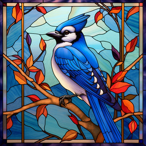 Stained Glass Blue Tit-Full Round Diamond Painting-30x30cm