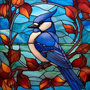 Stained Glass Blue Tit-Full Round Diamond Painting-30x30cm