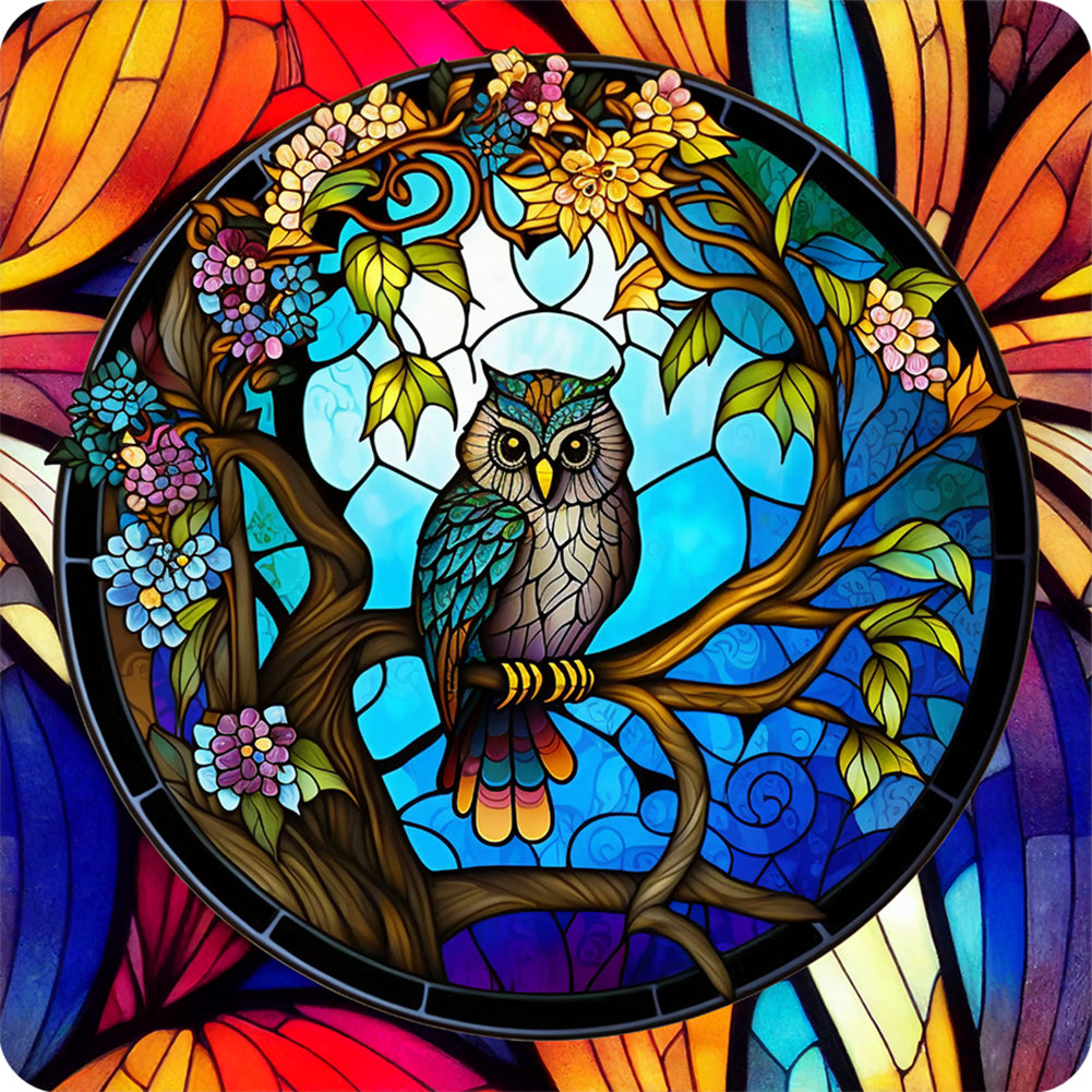 Stained Glass Owl-Full Round Diamond Painting-30x30cm